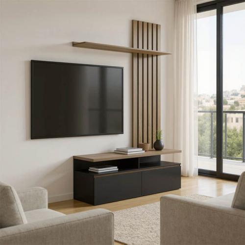 Σύνθετο σαλονιού Perlento pakoworld σε μαύρο με sonoma απόχρωση 140x41x219.5εκ
