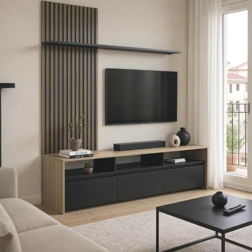 Σύνθετο σαλονιού Delfina pakoworld σε sonoma με μαύρη απόχρωση 190x40x199.5εκ
