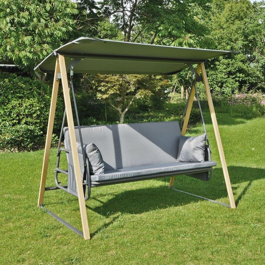 SURF Κούνια 3θέσια - Κρεβάτι, Μέταλλo Βαφή Φυσικό & Ανθρακί, Ύφασμα Γκρι