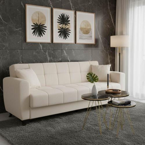 Καναπές-κρεβάτι με αποθηκευτικό χώρο τριθέσιος Modesto pakoworld κρεμ ύφασμα 215x85x80εκ