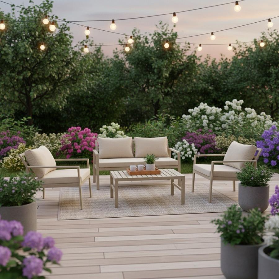 Σαλόνι Gardenly pakoworld σετ 4τμχ αλουμίνιο σε απόχρωση cappuccino με μπεζ μαξιλάρια