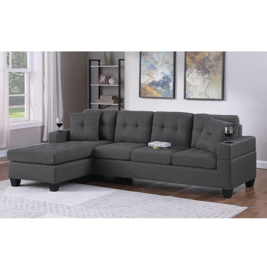 JORDAN Καναπές Σαλονιού Γωνία Αναστρέψιμος, Ύφασμα Γκρι, Μπράτσα με ποτηροθήκες