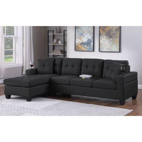 JORDAN Καναπές Σαλονιού Γωνία Αναστρέψιμος, Ύφασμα Μαύρο, Μπράτσα με ποτηροθήκες