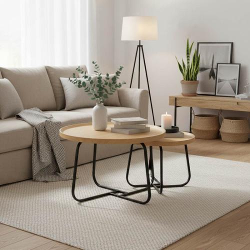 Tραπέζια σαλονιού Crismory pakoworld σετ 2τεμ MDF σε φυσική απόχρωση και μαύρα μεταλλικά πόδια