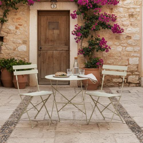 Τραπεζαρία Bistro pakoworld σετ 3τεμ μεταλλική αναδιπλούμενη σε μπεζ απόχρωση Φ60x71εκ