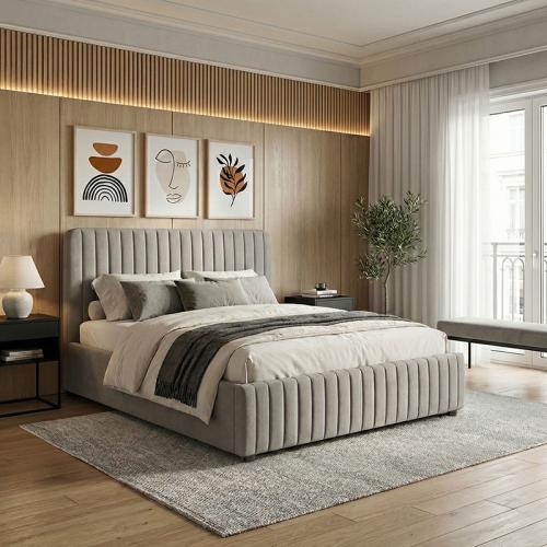 Κρεβάτι διπλό Zilin pakoworld ύφασμα γκρι-μπεζ με αποθηκευτικό χώρο 160x200εκ