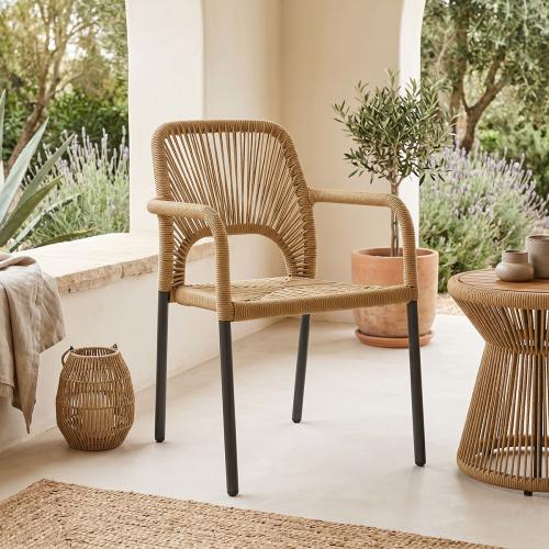 Πολυθρόνα αλουμινίου Norture pakoworld στοιβαζόμενη ανθρακί σκελετός-pe rattan σε φυσική απόχρωση 57x63x82εκ